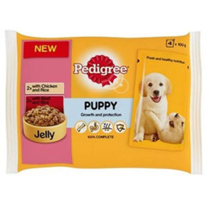 Pedigree Pouch Mix Puppy – 2 x Chicken with Rice and 2 x Beef with Rice (In Jelly)100g