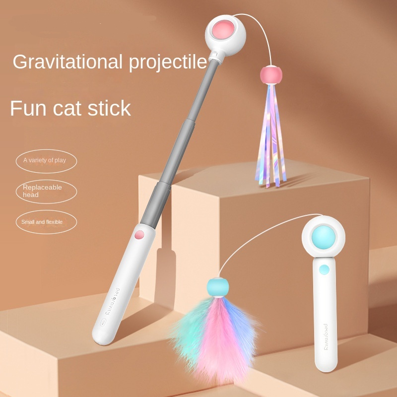 Interactive Retractable Cat Wand Toy with Feather Teaser