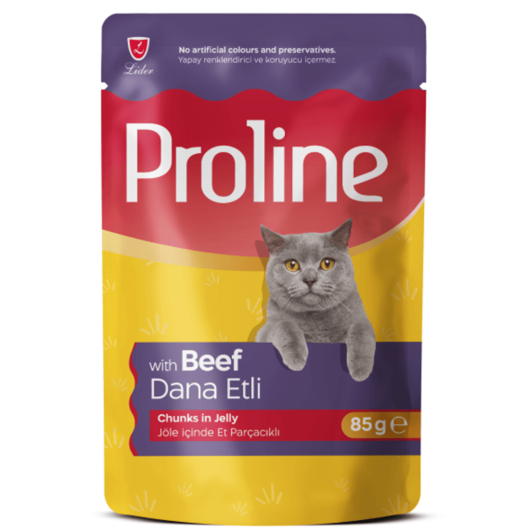 Proline Adult Cat Food Pouch – Beef Chunks in Jelly 85g